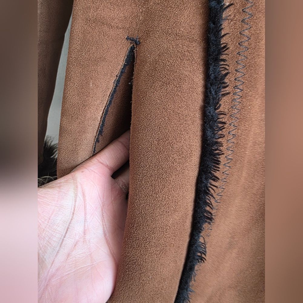 Vtg Brown Faux Suede Fur Hooded Full Length Long Afghan Penny Lane Coat Sz M - Picture 6 of 16